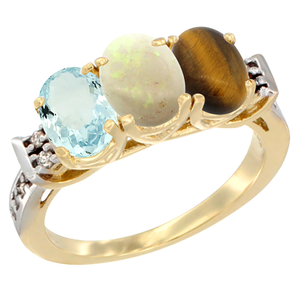 10K Yellow Gold Natural Aquamarine, Opal & Tiger Eye Ring 3-Stone Oval 7x5 mm Diamond Accent, sizes 5 - 10
