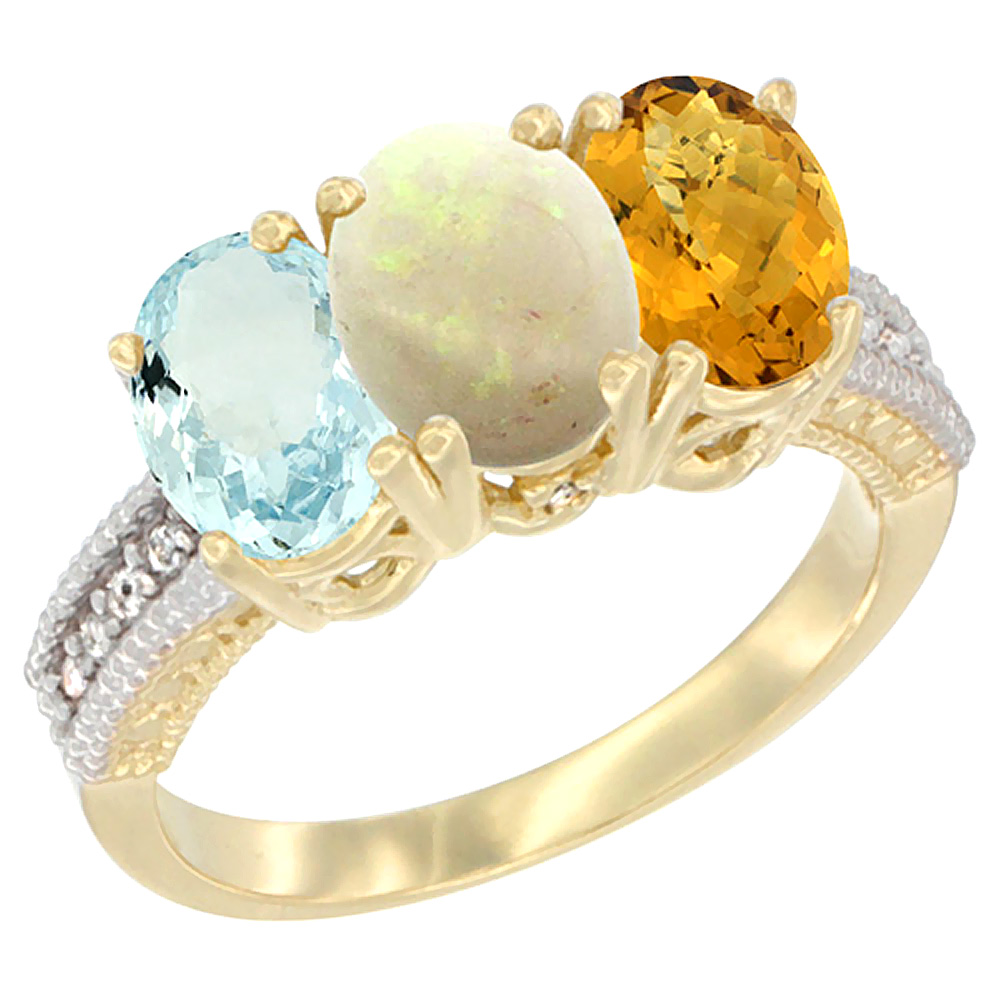 14K Yellow Gold Natural Aquamarine, Opal &amp; Whisky Quartz Ring 3-Stone Oval 7x5 mm Diamond Accent, sizes 5 - 10