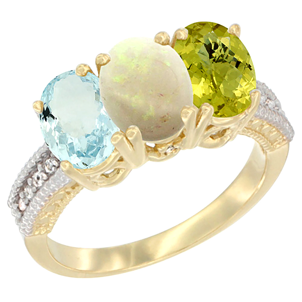 14K Yellow Gold Natural Aquamarine, Opal &amp; Lemon Quartz Ring 3-Stone Oval 7x5 mm Diamond Accent, sizes 5 - 10