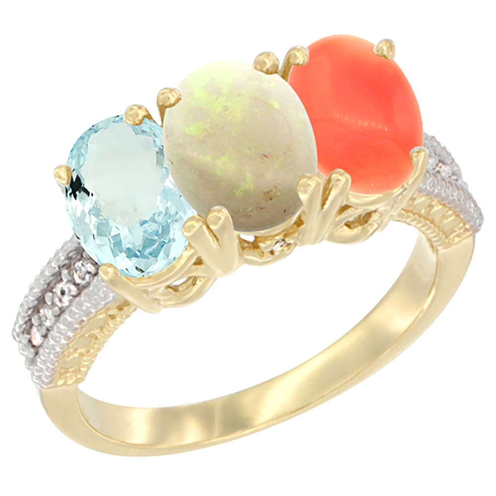 14K Yellow Gold Natural Aquamarine, Opal & Coral Ring 3-Stone Oval 7x5 mm Diamond Accent, sizes 5 - 10