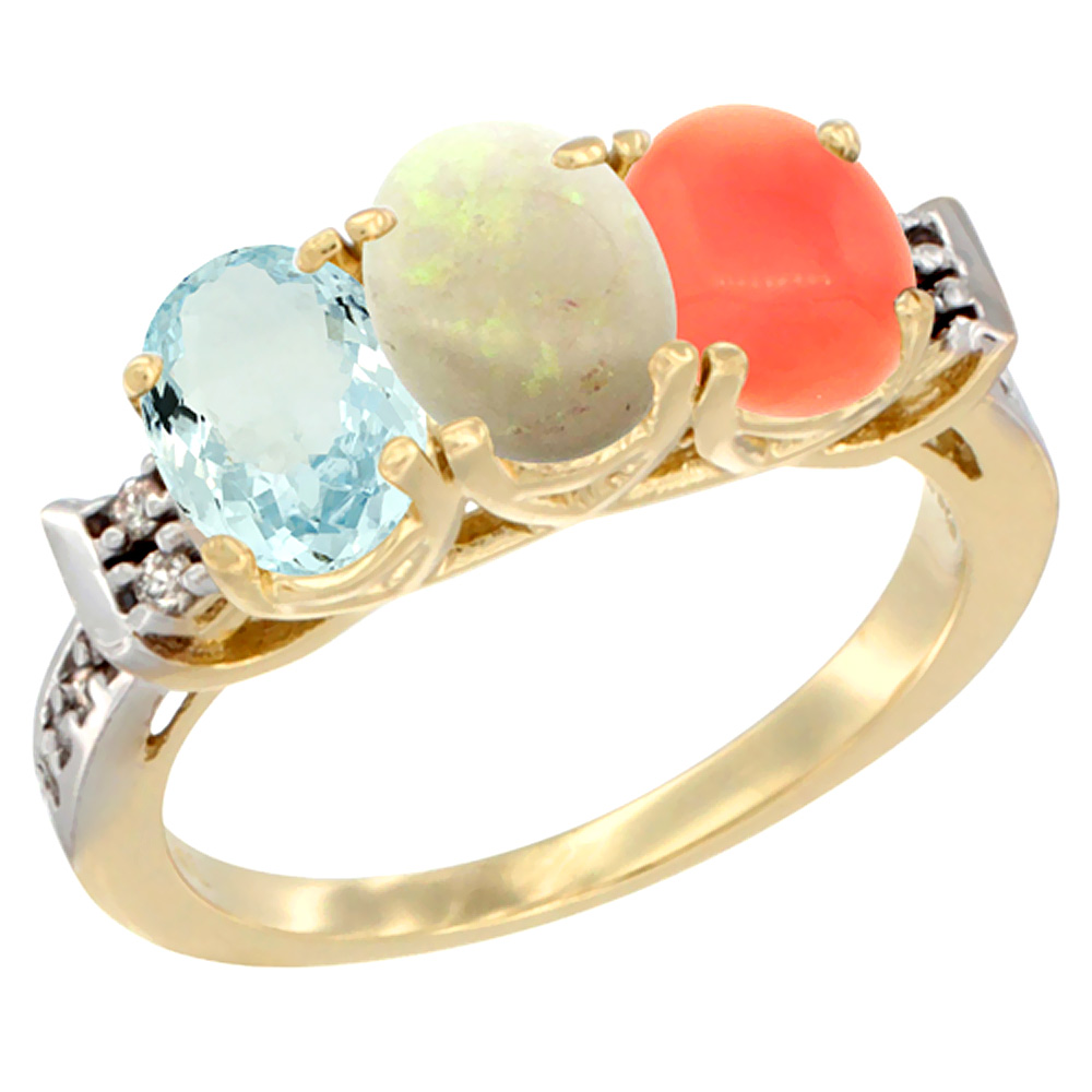 10K Yellow Gold Natural Aquamarine, Opal &amp; Coral Ring 3-Stone Oval 7x5 mm Diamond Accent, sizes 5 - 10