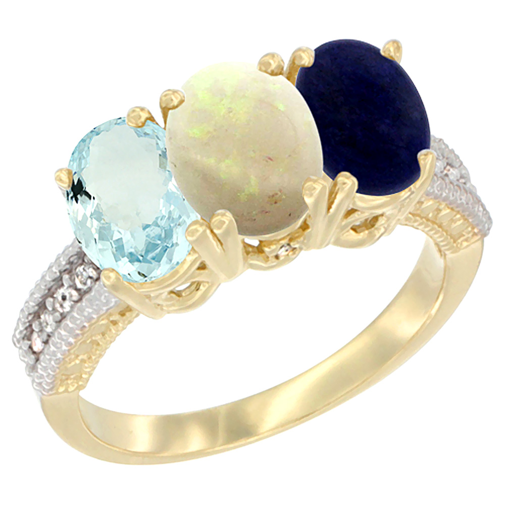 14K Yellow Gold Natural Aquamarine, Opal &amp; Lapis Ring 3-Stone Oval 7x5 mm Diamond Accent, sizes 5 - 10