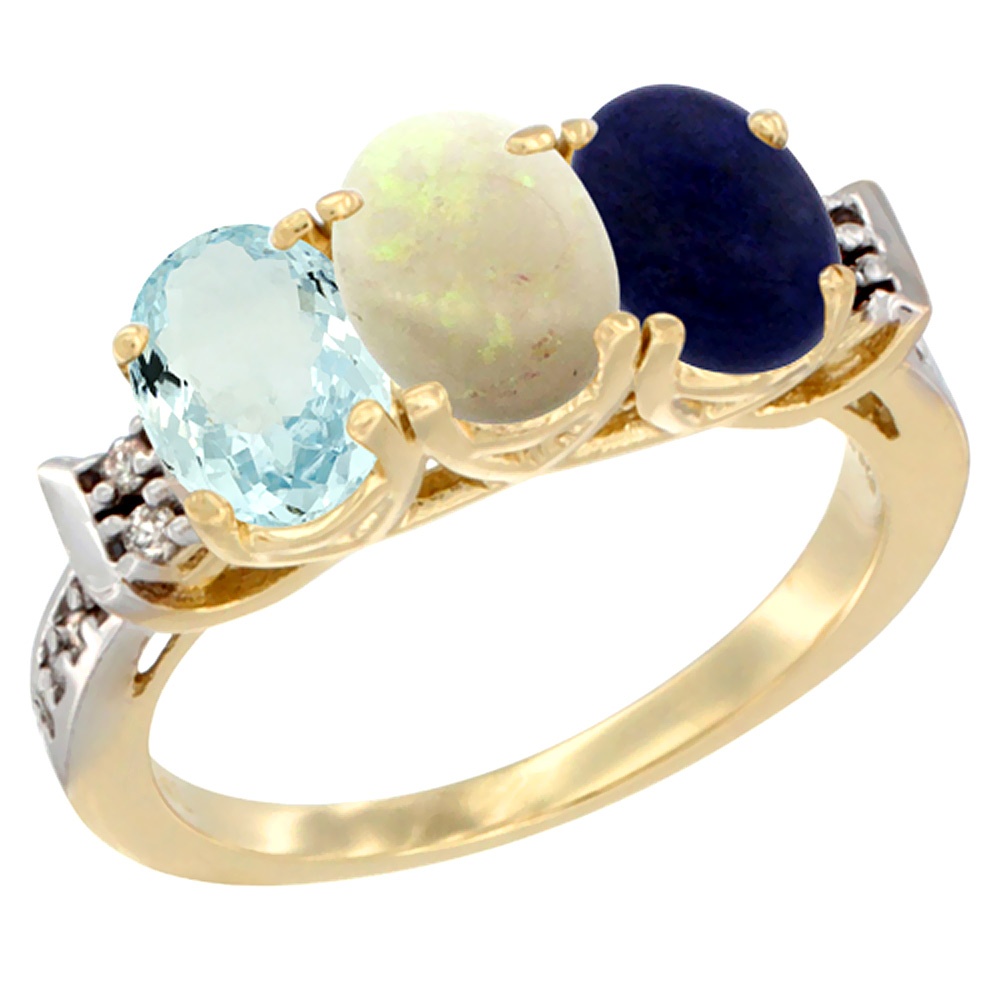 14K Yellow Gold Natural Aquamarine, Opal & Lapis Ring 3-Stone Oval 7x5 mm Diamond Accent, sizes 5 - 10