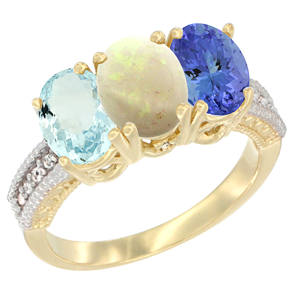 14K Yellow Gold Natural Aquamarine, Opal & Tanzanite Ring 3-Stone Oval 7x5 mm Diamond Accent, sizes 5 - 10