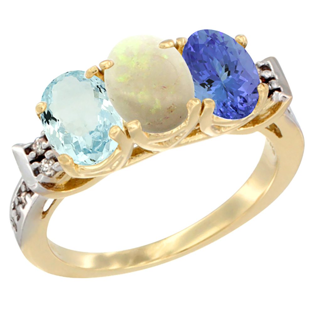 10K Yellow Gold Natural Aquamarine, Opal & Tanzanite Ring 3-Stone Oval 7x5 mm Diamond Accent, sizes 5 - 10
