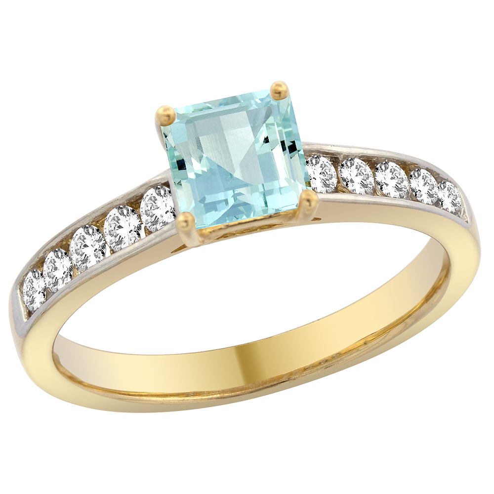 14K Yellow Gold Natural Aquamarine Engagement Ring Princess cut 5mm, sizes 5 - 10