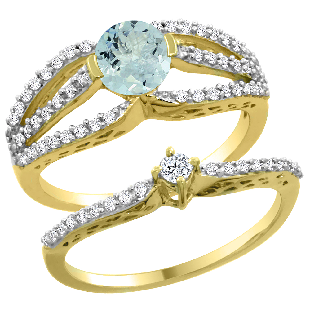 14K Yellow Gold Natural Aquamarine 2-piece Engagement Ring Set Round 5mm, sizes 5 - 10
