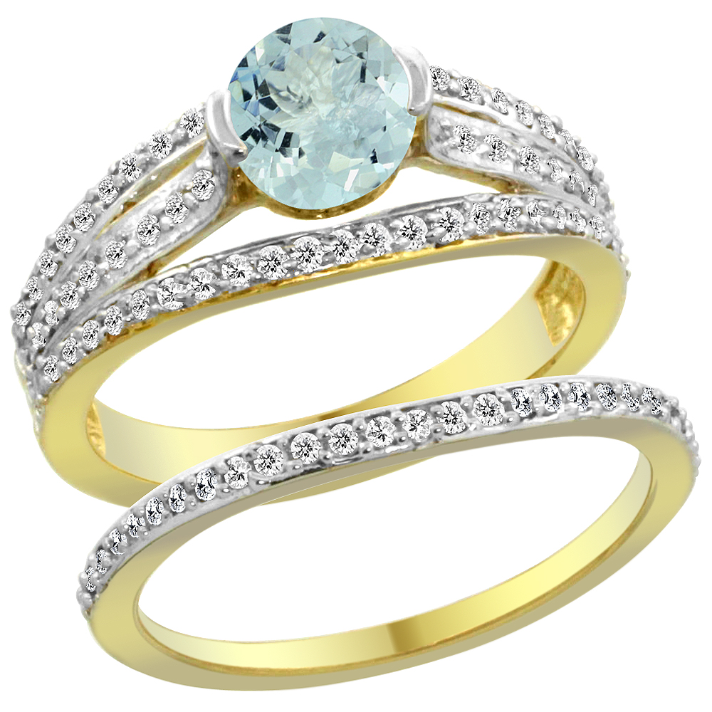 14K Yellow Gold Natural Aquamarine 2-piece Engagement Ring Set Round 6mm, sizes 5 - 10