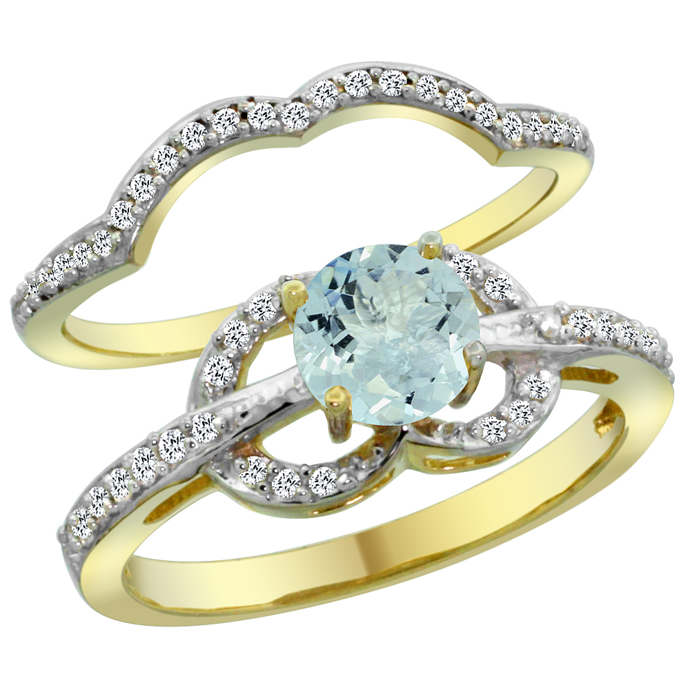 14K Yellow Gold Natural Aquamarine 2-piece Engagement Ring Set Round 6mm, sizes 5 - 10