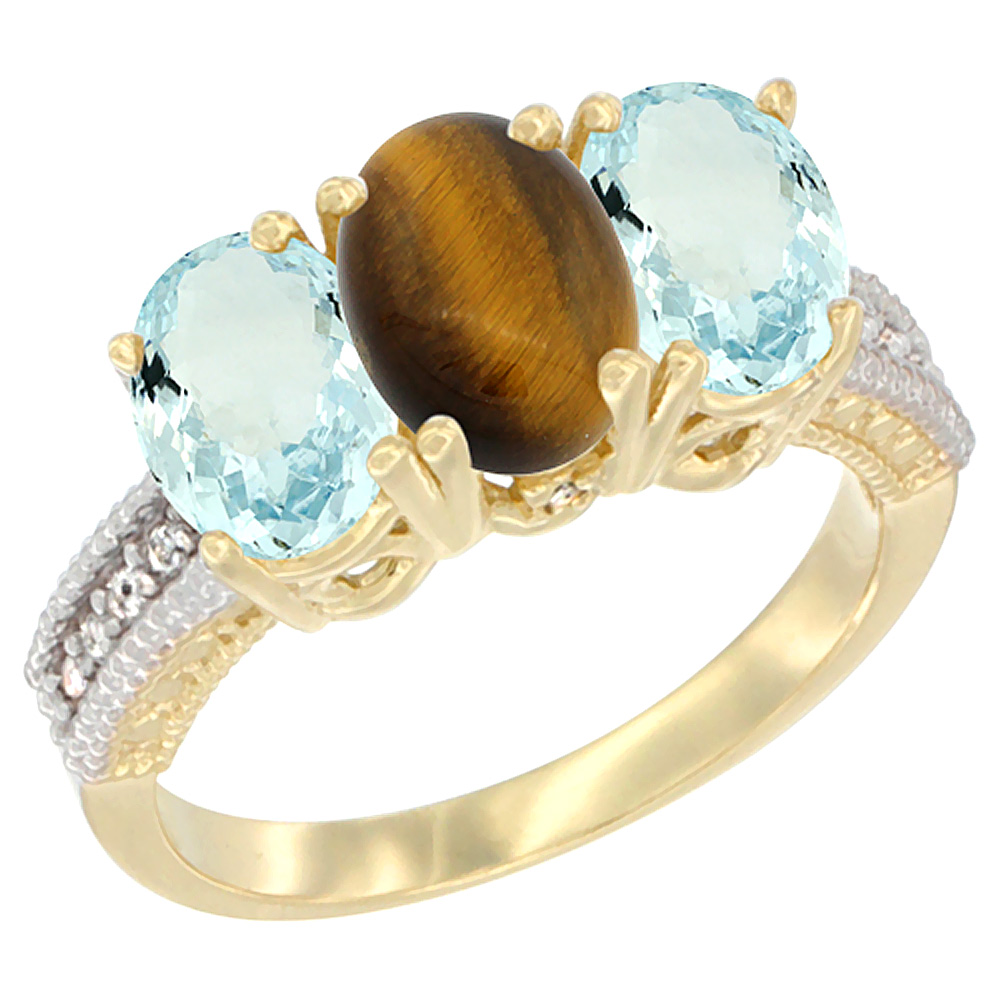 14K Yellow Gold Natural Tiger Eye & Aquamarine Sides Ring 3-Stone Oval 7x5 mm Diamond Accent, sizes 5 - 10