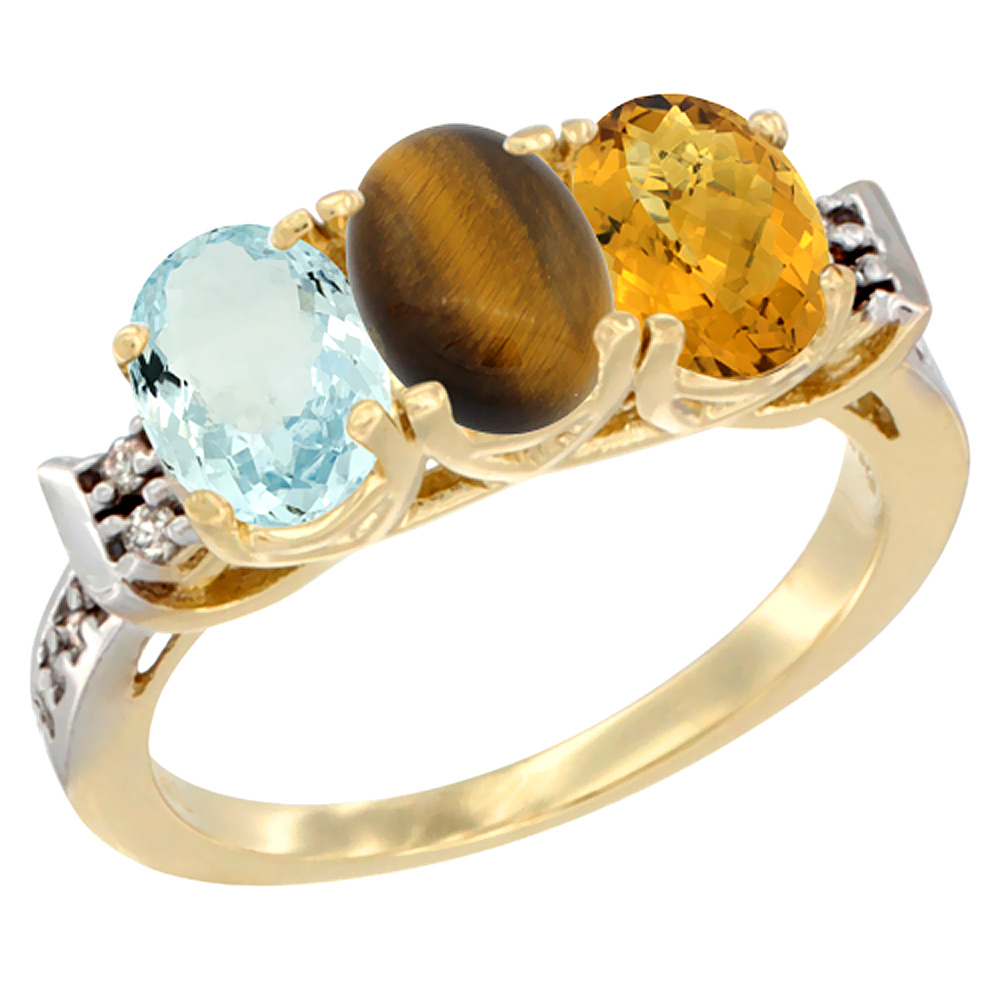 10K Yellow Gold Natural Aquamarine, Tiger Eye &amp; Whisky Quartz Ring 3-Stone Oval 7x5 mm Diamond Accent, sizes 5 - 10