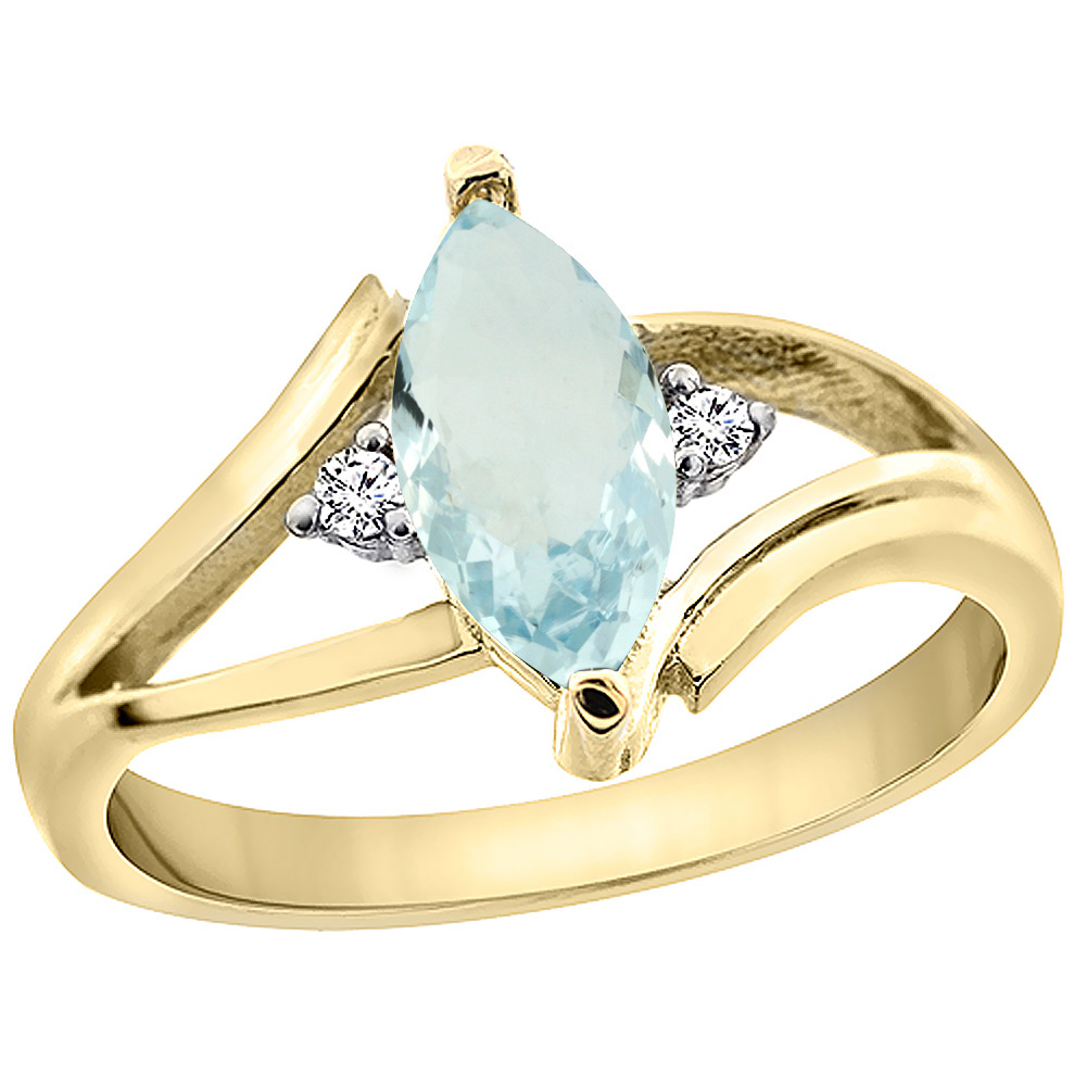 10K Yellow Gold Natural Aquamarine Ring Marquise 10x5 mm Diamond Accent, sizes 5 - 10 with half sizes