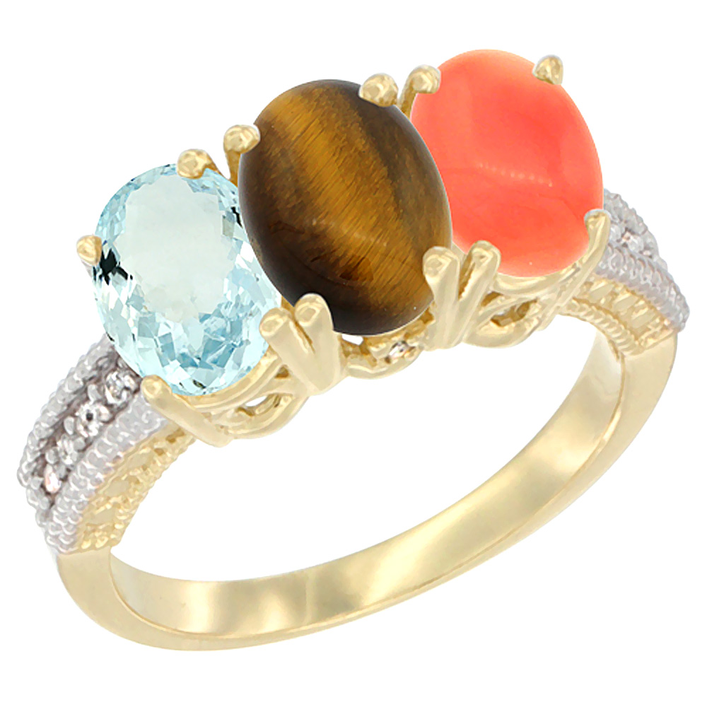 14K Yellow Gold Natural Aquamarine, Tiger Eye &amp; Coral Ring 3-Stone Oval 7x5 mm Diamond Accent, sizes 5 - 10