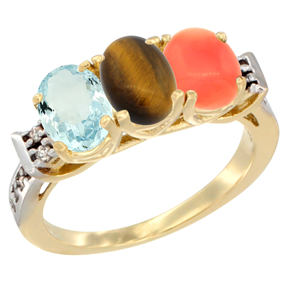 14K Yellow Gold Natural Aquamarine, Tiger Eye & Coral Ring 3-Stone Oval 7x5 mm Diamond Accent, sizes 5 - 10