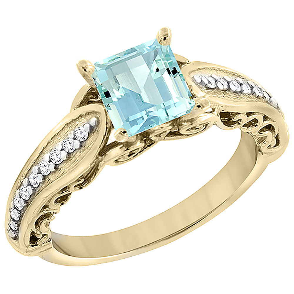 14K Yellow Gold Natural Aquamarine Ring Square 8x8mm with Diamond Accents, sizes 5 - 10