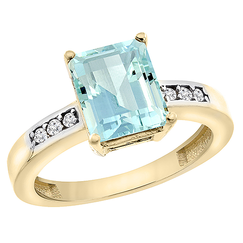 14K Yellow Gold Natural Aquamarine Octagon 9x7 mm with Diamond Accents, sizes 5 - 10