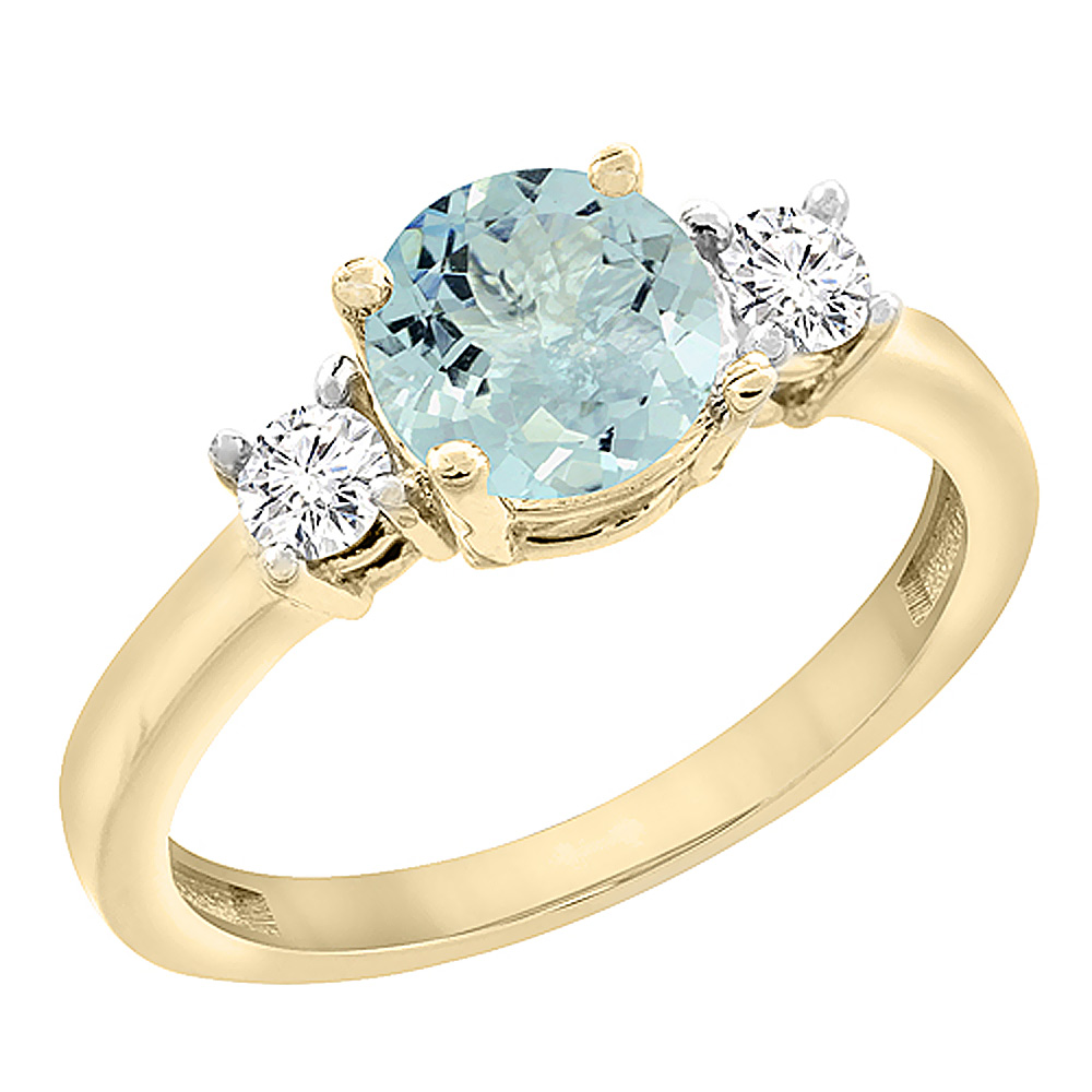 14K Yellow Gold Diamond Natural Aquamarine Engagement Ring Round 7mm, sizes 5 to 10 with half sizes