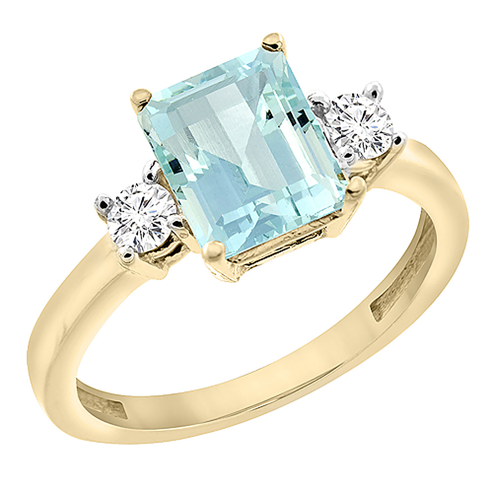 10K Yellow Gold Natural Aquamarine Ring Octagon 8x6 mm with Diamond Accents, sizes 5 - 10