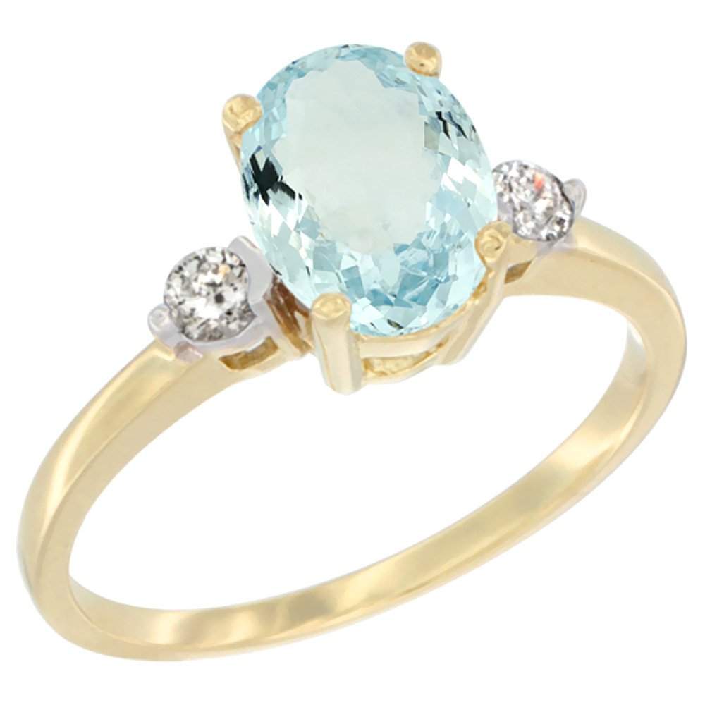 14K Yellow Gold Natural Aquamarine Ring Oval 9x7 mm Diamond Accent, sizes 5 to 10