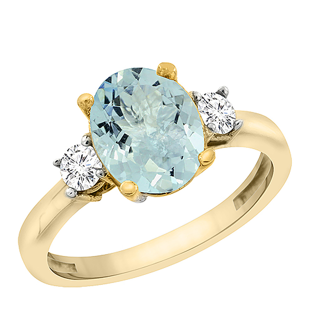 10K Yellow Gold Natural Aquamarine Engagement Ring Oval 10x8 mm Diamond Sides, sizes 5 - 10