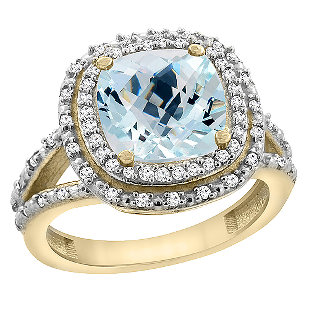 14K Yellow Gold Natural Aquamarine Ring Cushion 8x8 mm with Diamond Accents, sizes 5 - 10