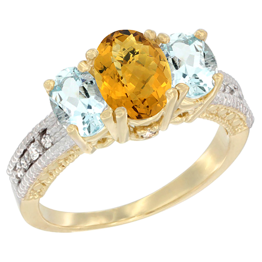 14K Yellow Gold Diamond Natural Whisky Quartz Ring Oval 3-stone with Aquamarine, sizes 5 - 10