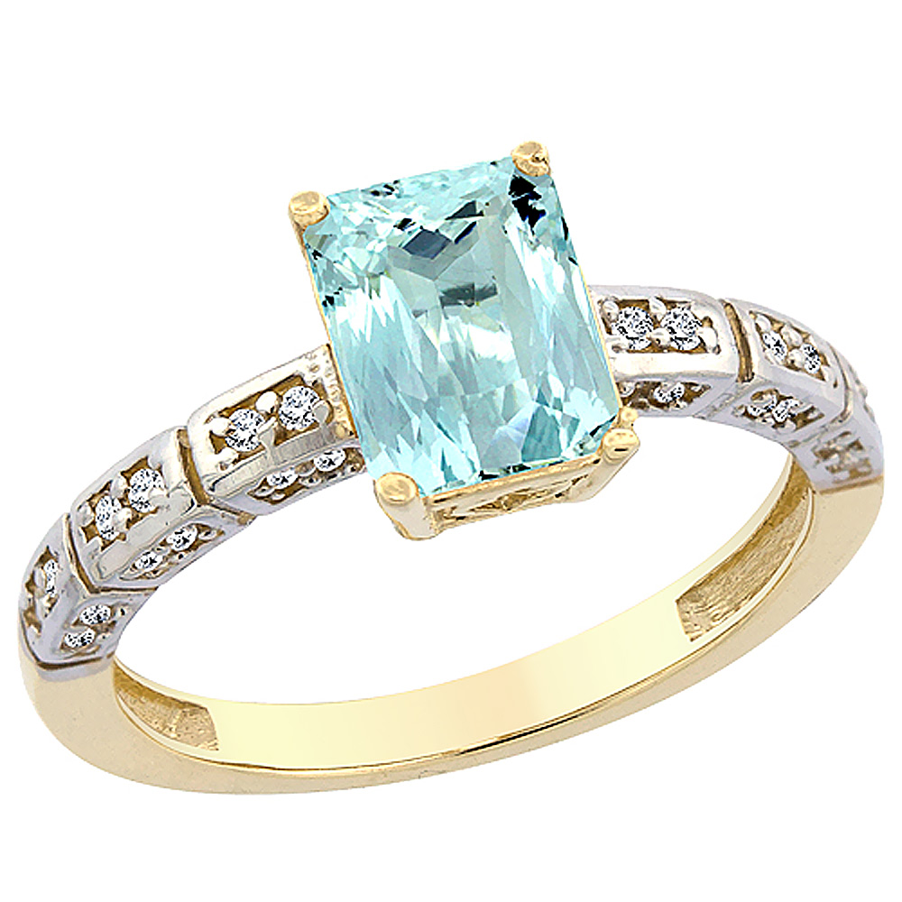14K Yellow Gold Natural Aquamarine Octagon 8x6 mm with Diamond Accents, sizes 5 - 10