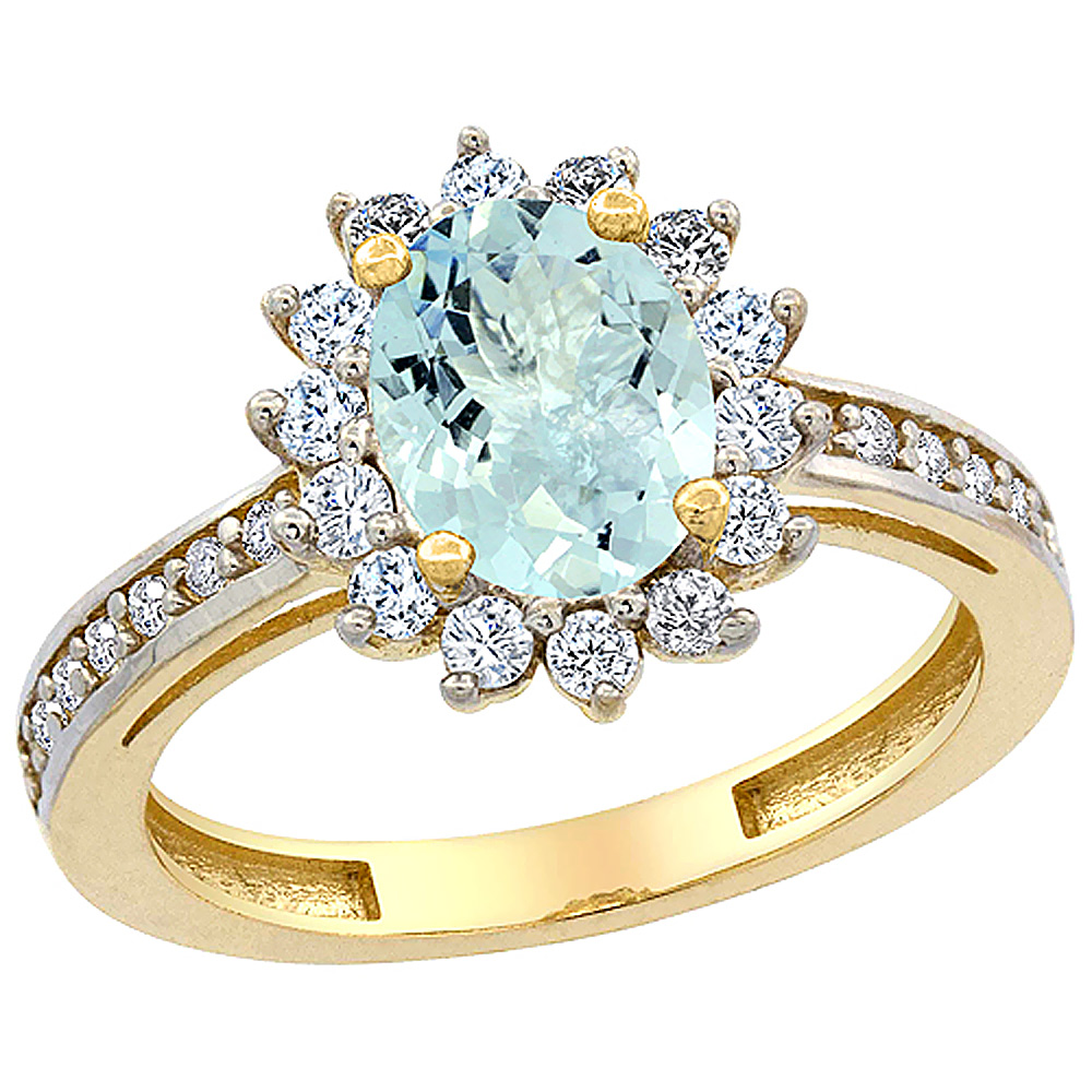 14K Yellow Gold Natural Aquamarine Floral Halo Ring Oval 8x6mm Diamond Accents, sizes 5 - 10