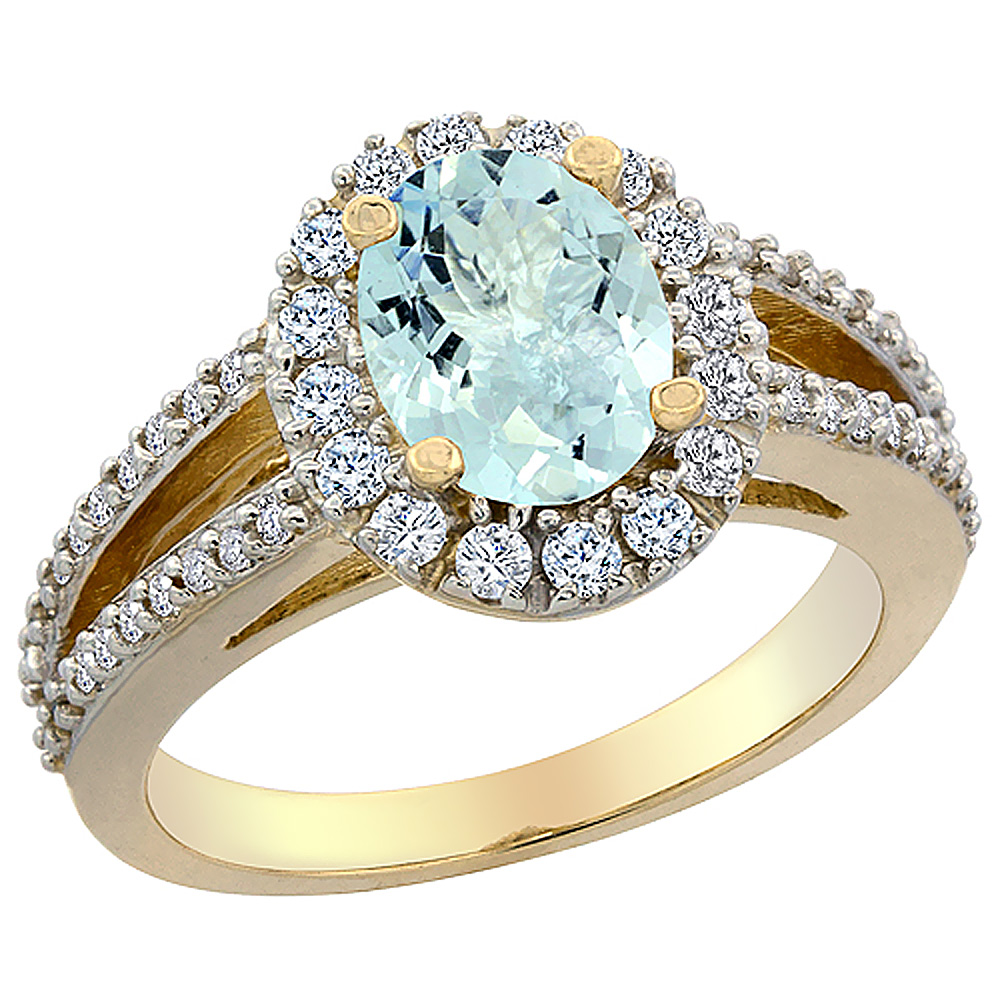 10K Yellow Gold Natural Aquamarine Halo Ring Oval 8x6 mm with Diamond Accents, sizes 5 - 10