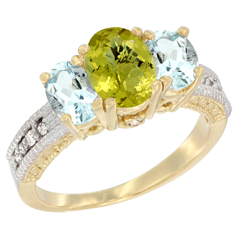 10K Yellow Gold Diamond Natural Lemon Quartz Ring Oval 3-stone with Aquamarine, sizes 5 - 10