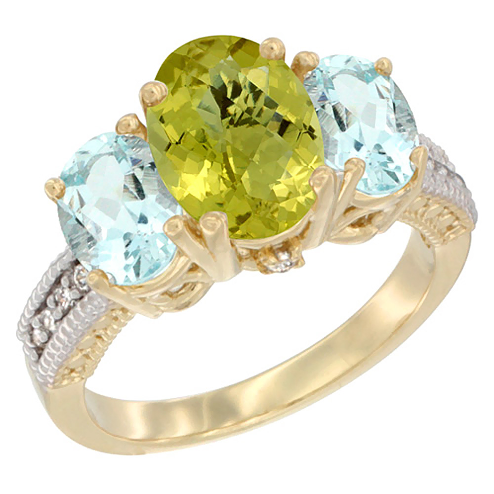 14K Yellow Gold Diamond Natural Lemon Quartz Ring 3-Stone Oval 8x6mm with Aquamarine, sizes5-10