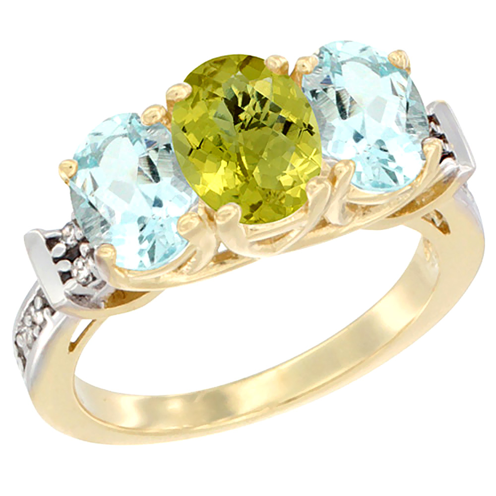 10K Yellow Gold Natural Lemon Quartz &amp; Aquamarine Sides Ring 3-Stone Oval Diamond Accent, sizes 5 - 10