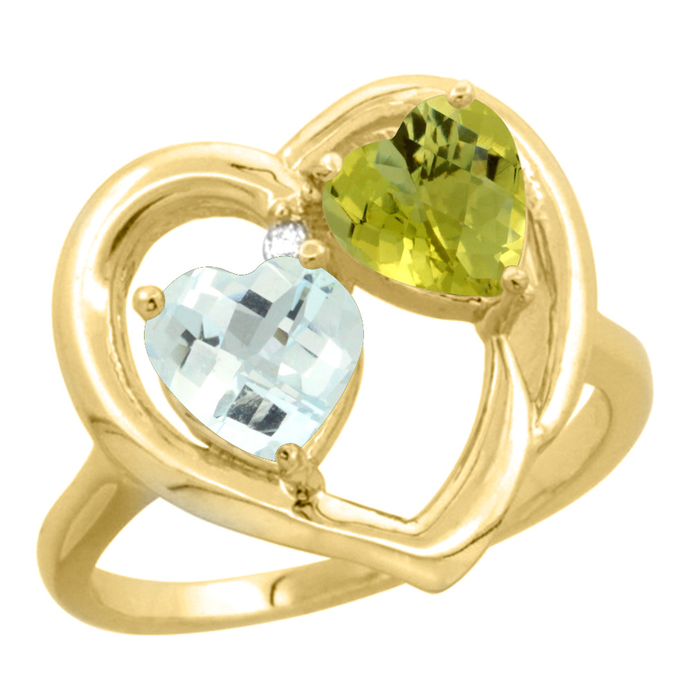 10K Yellow Gold Diamond Two-stone Heart Ring 6mm Natural Aquamarine &amp; Lemon Quartz, sizes 5-10