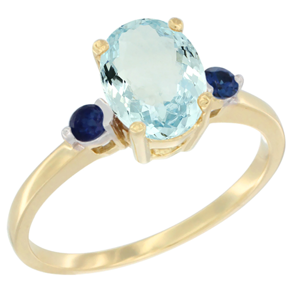 14K Yellow Gold Natural Aquamarine Ring Oval 9x7 mm Blue Sapphire Accent, sizes 5 to 10