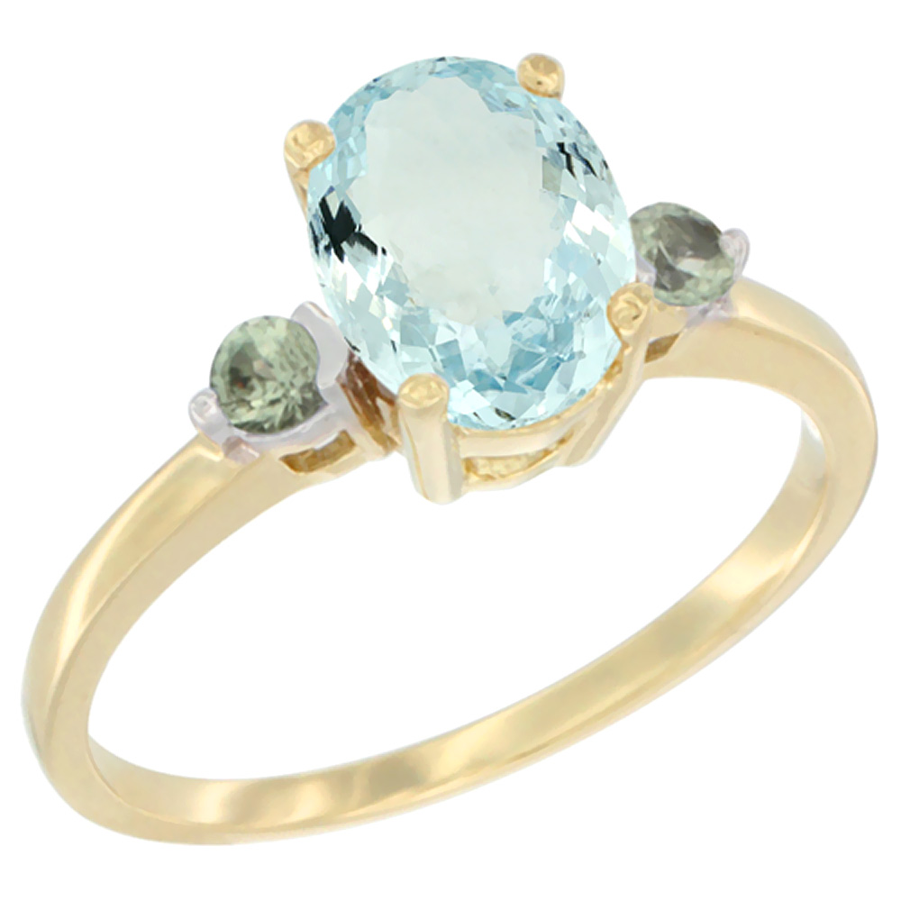 10K Yellow Gold Natural Aquamarine Ring Oval 9x7 mm Green Sapphire Accent, sizes 5 to 10