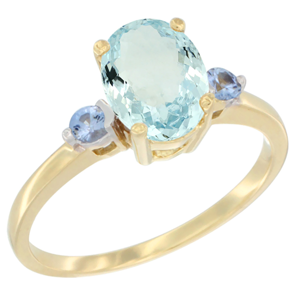 10K Yellow Gold Natural Aquamarine Ring Oval 9x7 mm Light Blue Sapphire Accent, sizes 5 to 10