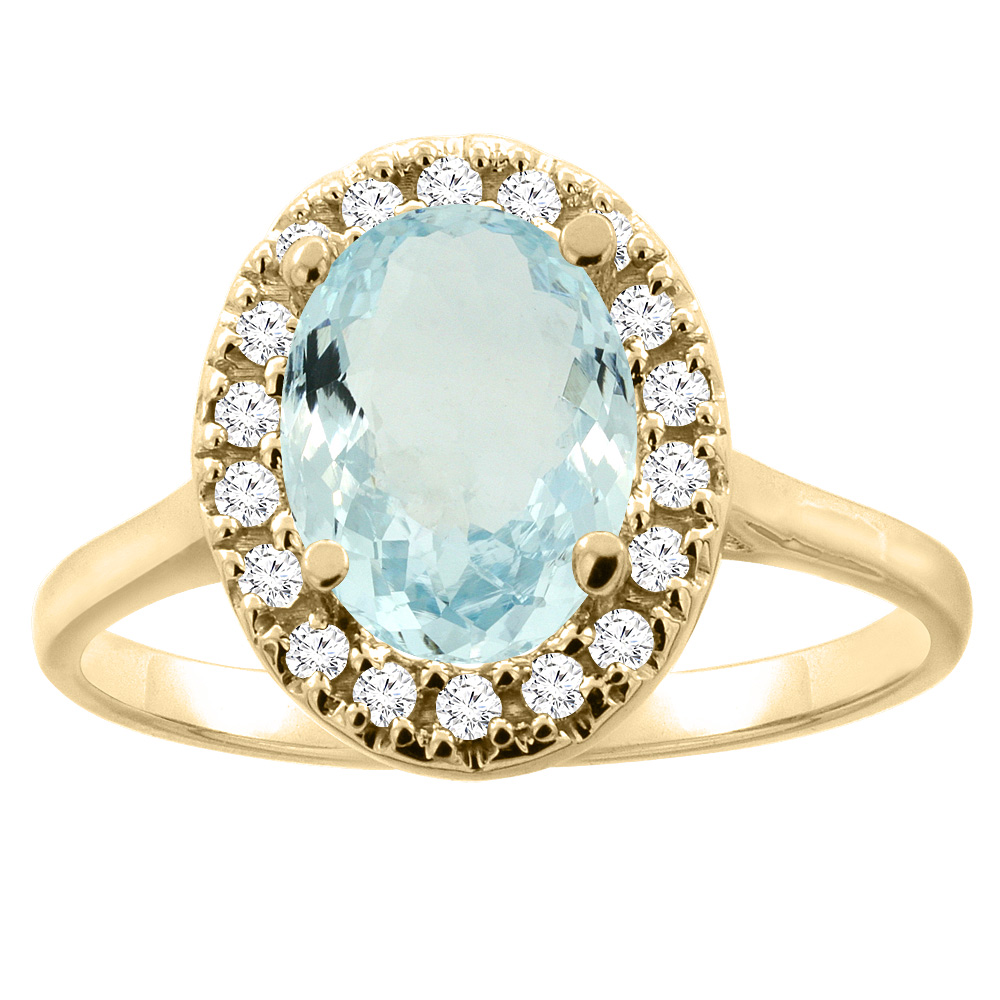 10K Gold Natural Aquamarine Halo Ring Oval 9x7mm Diamond Accent, sizes 5 - 10