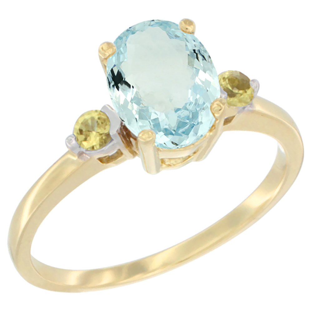 10K Yellow Gold Natural Aquamarine Ring Oval 9x7 mm Yellow Sapphire Accent, sizes 5 to 10