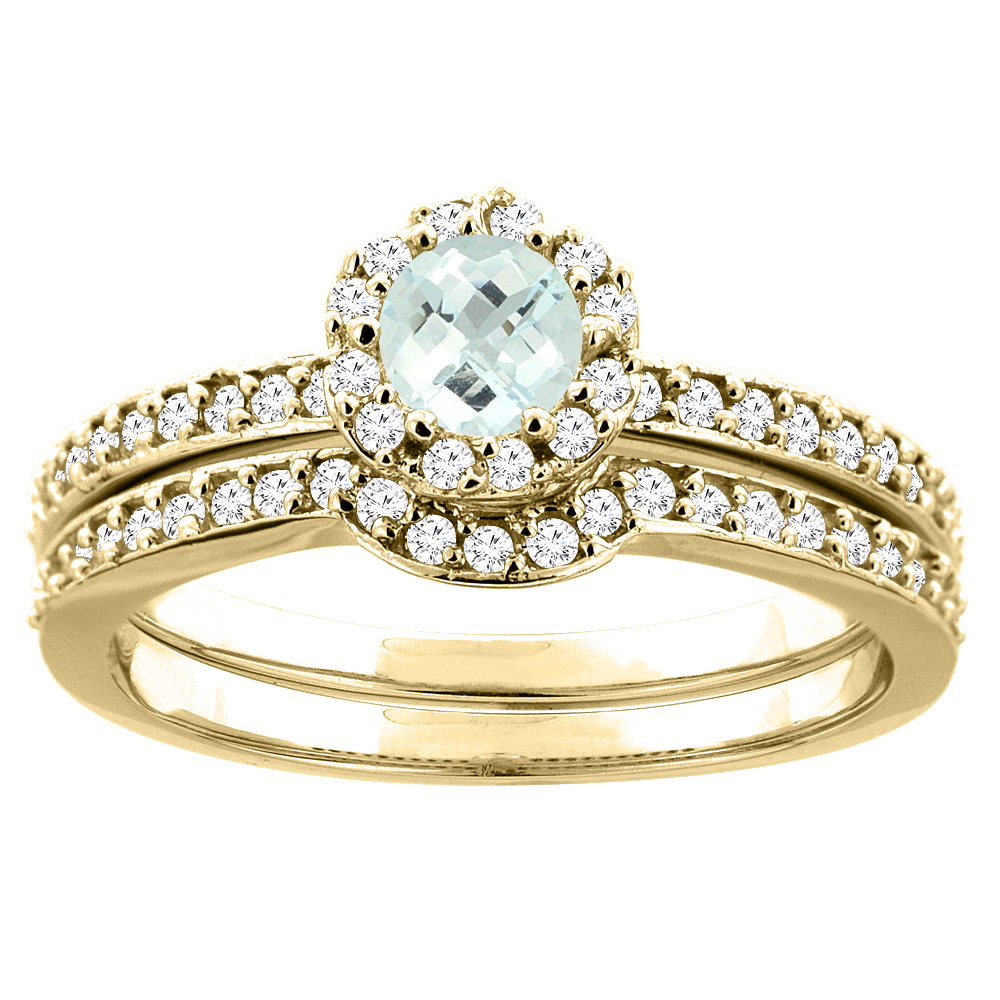 10K Yellow Gold Natural Aquamarine 2-pc Bridal Ring Set Diamond Accent Round 4mm, sizes 5 - 10