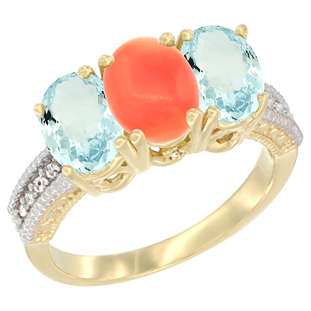 14K Yellow Gold Natural Coral &amp; Aquamarine Sides Ring 3-Stone Oval 7x5 mm Diamond Accent, sizes 5 - 10