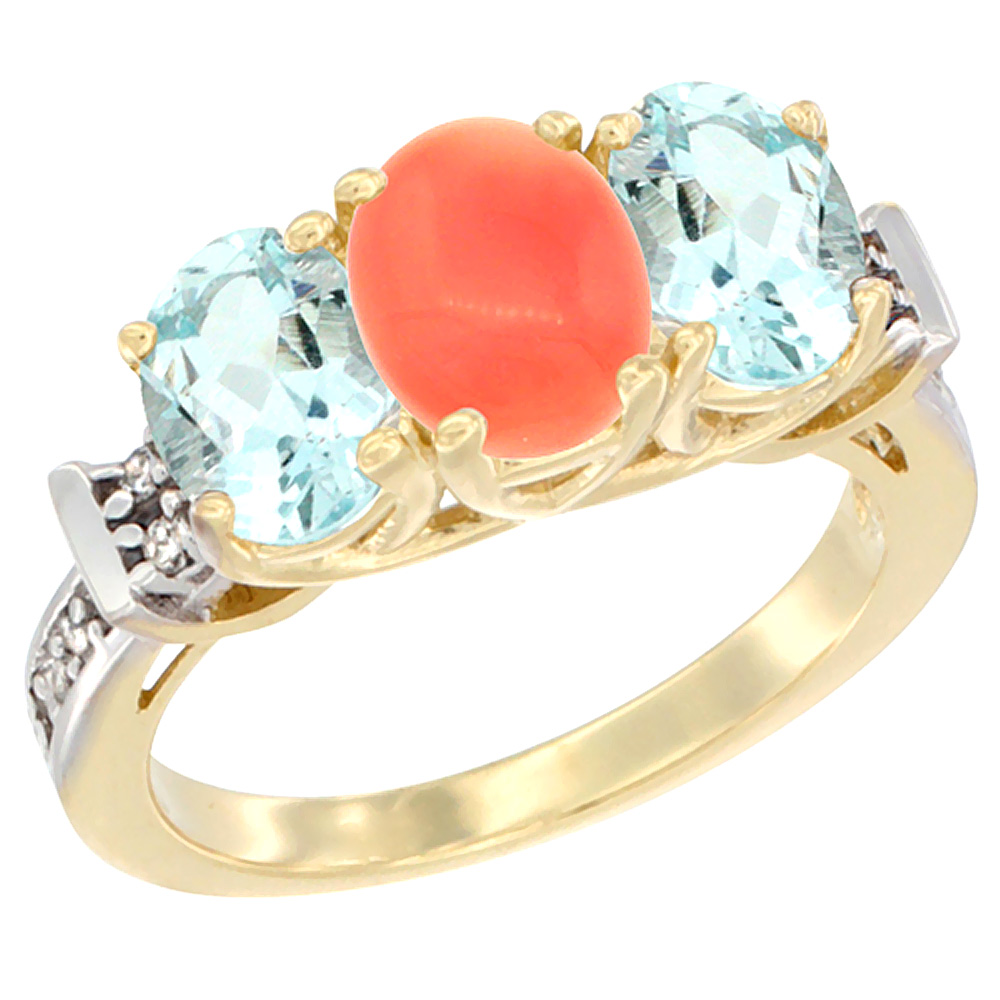 14K Yellow Gold Natural Coral &amp; Aquamarine Sides Ring 3-Stone Oval Diamond Accent, sizes 5 - 10