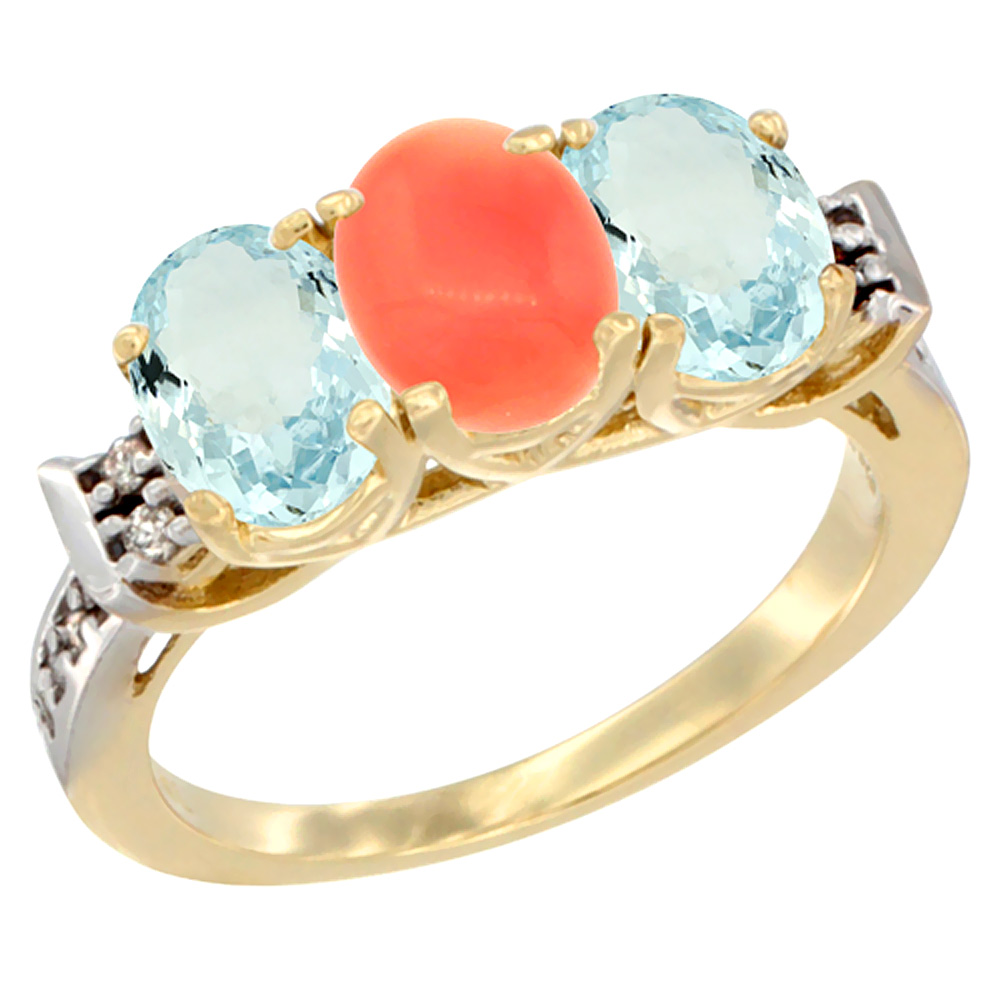 14K Yellow Gold Natural Coral & Aquamarine Sides Ring 3-Stone Oval 7x5 mm Diamond Accent, sizes 5 - 10