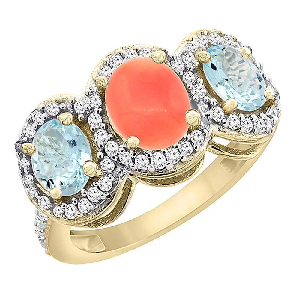 10K Yellow Gold Natural Coral & Aquamarine 3-Stone Ring Oval Diamond Accent, sizes 5 - 10