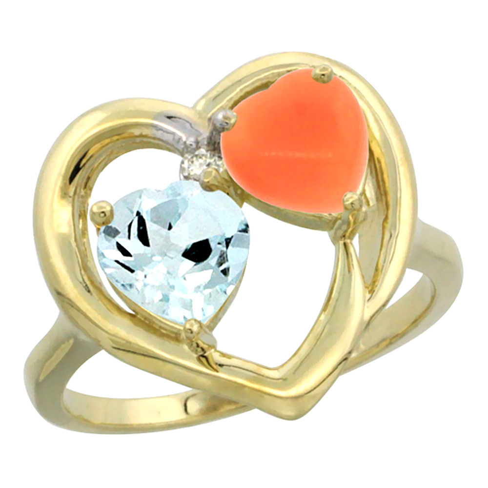 14K Yellow Gold Diamond Two-stone Heart Ring 6mm Natural Aquamarine &amp; Coral, sizes 5-10