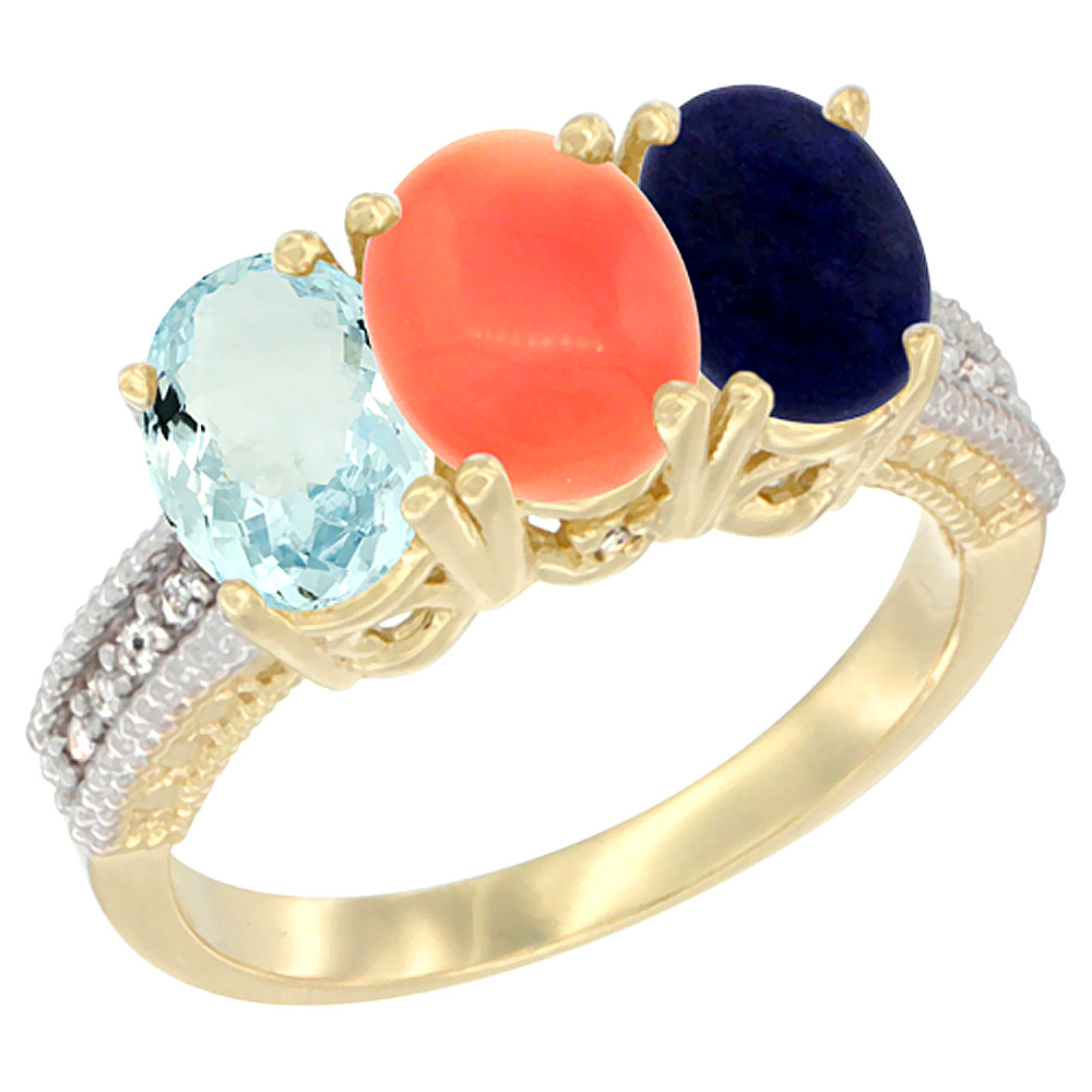 14K Yellow Gold Natural Aquamarine, Coral & Lapis Ring 3-Stone Oval 7x5 mm Diamond Accent, sizes 5 - 10