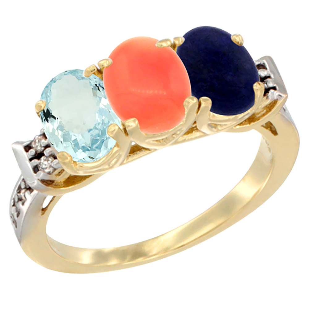 14K Yellow Gold Natural Aquamarine, Coral &amp; Lapis Ring 3-Stone Oval 7x5 mm Diamond Accent, sizes 5 - 10