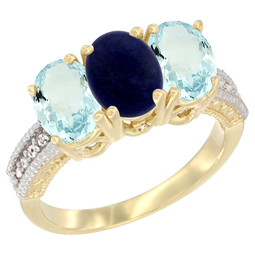 14K Yellow Gold Natural Lapis & Aquamarine Sides Ring 3-Stone Oval 7x5 mm Diamond Accent, sizes 5 - 10
