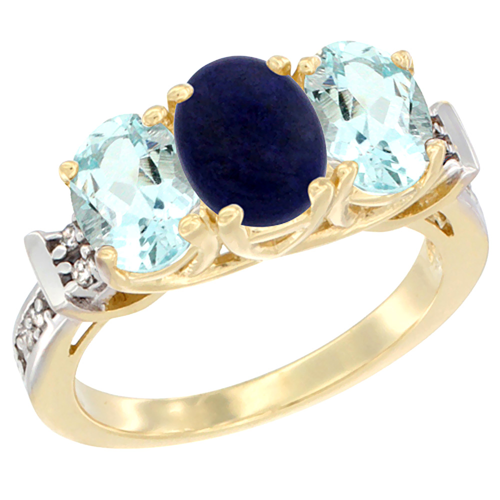 10K Yellow Gold Natural Lapis & Aquamarine Sides Ring 3-Stone Oval Diamond Accent, sizes 5 - 10