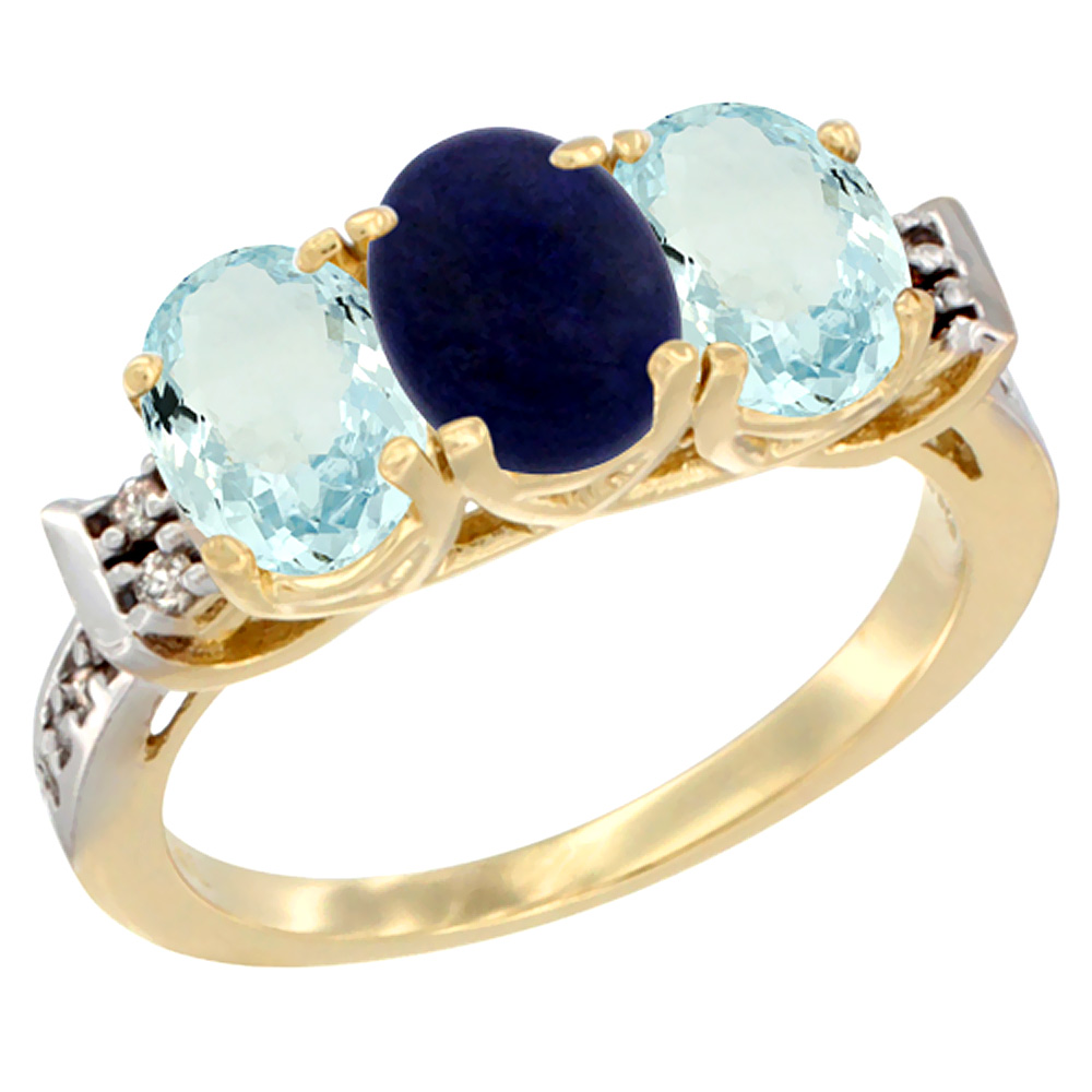 14K Yellow Gold Natural Lapis & Aquamarine Sides Ring 3-Stone Oval 7x5 mm Diamond Accent, sizes 5 - 10