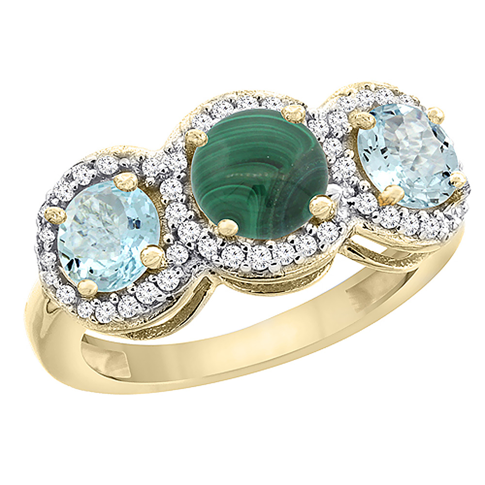10K Yellow Gold Natural Malachite & Aquamarine Sides Round 3-stone Ring Diamond Accents, sizes 5 - 10